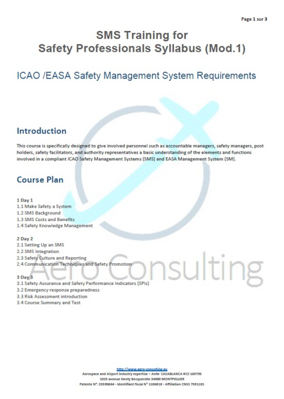 AERO CONSULTING Formations Aéronautiques - Formation SGS - SMS Training for Safety Professionals Syllabus (Mod.1)